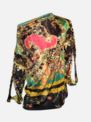 Class Roberto Cavalli Baroque Buckle Floral Print Asymmetric Cowl-Neck Tunic Blouse front angle