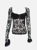 Vintage Chantal Thomass Black Floral Lace Ruffle Bust Long-Sleeve Top front