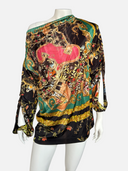 Class Roberto Cavalli Baroque Buckle Floral Print Asymmetric Cowl-Neck Tunic Blouse front on mannequin