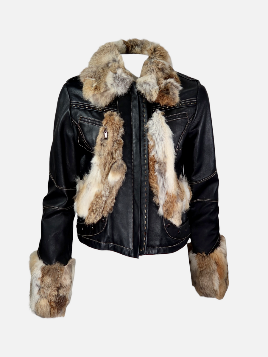Vintage Patchwork Fur Trim Leather Jacket