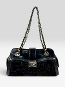 Gianni Versace Couture Vintage Black Patent Leather & Textured Plush Chain Shoulder Bag — Front