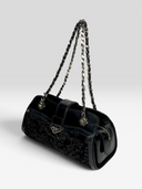 Gianni Versace Couture Vintage Black Patent Leather & Textured Plush Chain Shoulder Bag — Front Left Angle
