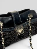 Gianni Versace Couture Vintage Black Patent Leather & Textured Plush Chain Shoulder Bag — Front Clasp & Chain Detail