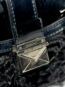 Gianni Versace Couture Vintage Black Patent Leather & Textured Plush Chain Shoulder Bag — Clasp Detail