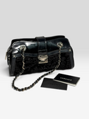 Gianni Versace Couture Vintage Black Patent Leather & Textured Plush Chain Shoulder Bag — Authenticity Cards & Bag View