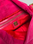 Fendi Vintage Hot Pink Suede Baguette Bag with Glitter FF Buckle - Interior Zipper Pocket & Brand Plaque View