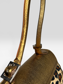Tanner Krolle Vintage Metallic Gold Leather Leopard Haircalf Buckle Shoulder Bag - Strap Attachment & Buckle Detail