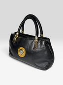 Gianni Versace Vintage Black Leather Medusa Medallion Top Handle Bag - Front Left Angle