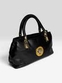 Gianni Versace Vintage Black Leather Medusa Medallion Top Handle Bag - Front Right Angle