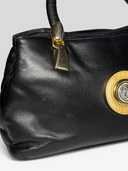 Gianni Versace Vintage Black Leather Medusa Medallion Top Handle Bag - Leather Condition Detail