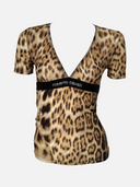 Roberto Cavalli Leopard Print Rhinestone Logo V-Neck Top - Front