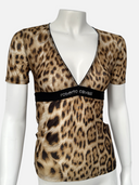 Roberto Cavalli Leopard Print Rhinestone Logo V-Neck Top - Front on Mannequin