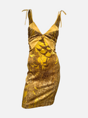 Just Cavalli Yellow & Brown Printed Silk Plunge Dress - Front