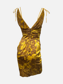 Just Cavalli Yellow & Brown Printed Silk Plunge Dress - Back