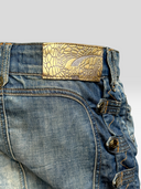 Just Cavalli Vintage Side-Buckle Washed Denim Midi Pencil Skirt - Leather Logo Patch & Buckle Detail