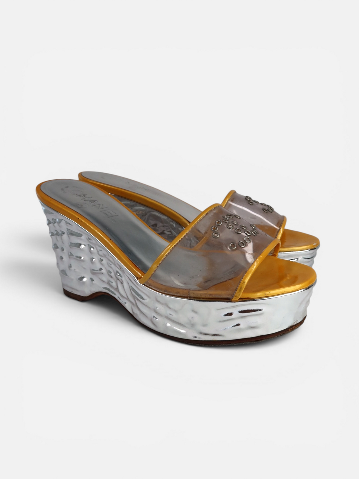 Chanel PVC CC Chrome Platform Wedge Mules