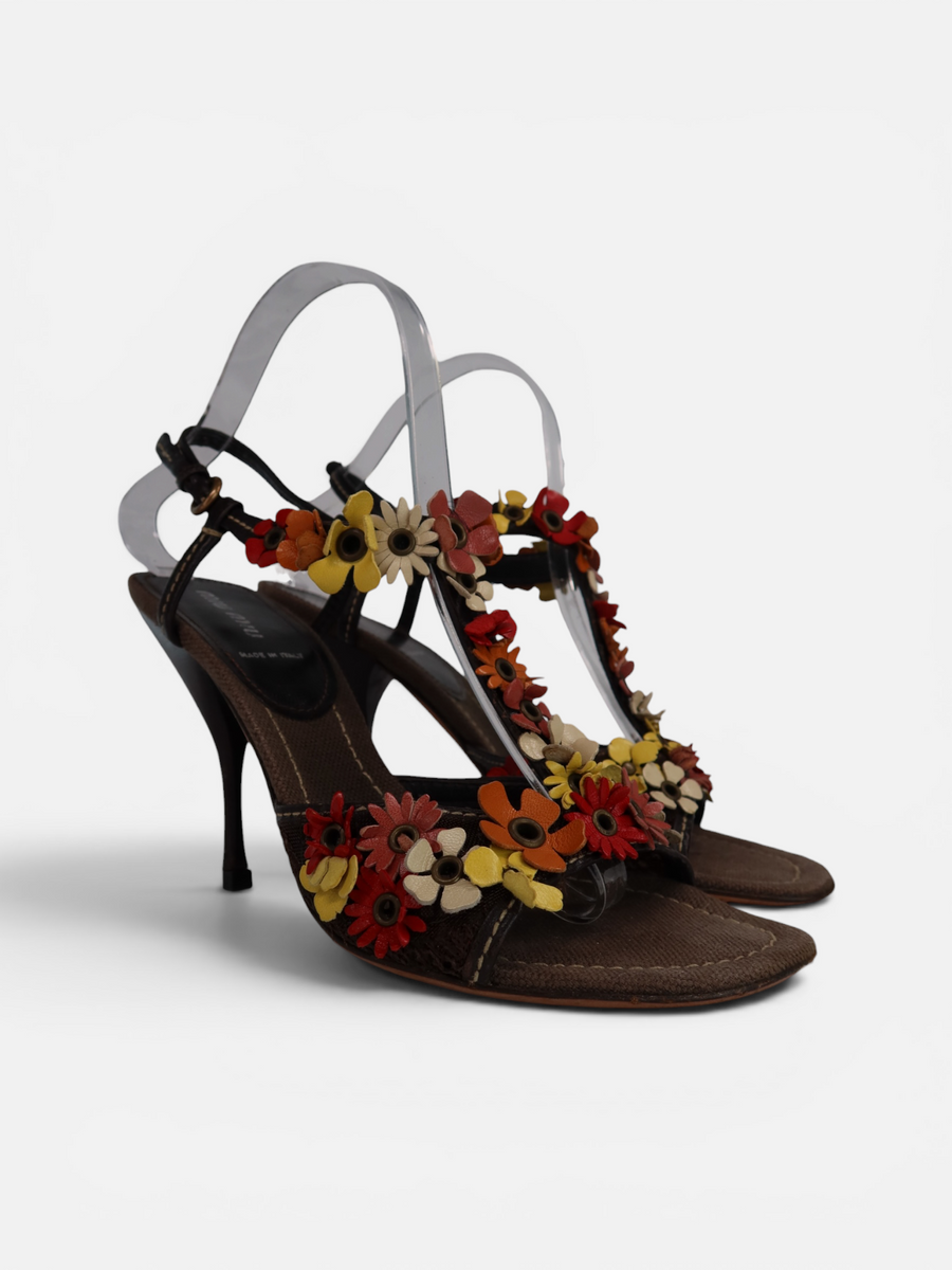 Miu Miu Floral Appliqué Leather Slingback Sandals
