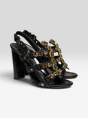 01 Prada Vintage Black Leather Crystal-Embellished Cage Sandals - Pair Front Angle 2