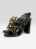 03 Prada Vintage Black Leather Crystal-Embellished Cage Sandals - Pair Front Angle