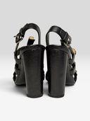 05 Prada Vintage Black Leather Crystal-Embellished Cage Sandals - Pair Heel View