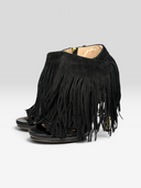 Hervé Léger Frayah Black Suede Fringe Platform Booties - Pair Front View