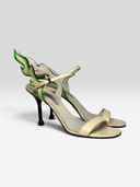 Prada 2018 Flame White & Acid Green Patent Leather Heel Sandals - Pair Front Left Angle