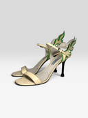 Prada 2018 Flame White & Acid Green Patent Leather Heel Sandals - Pair Front Right Angle