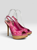 Christian Dior by John Galliano Vintage Pink Python & Raffia Floral Platform Sandals - Pair Front Left Angle