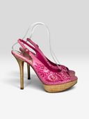 Christian Dior by John Galliano Vintage Pink Python & Raffia Floral Platform Sandals - Pair Front Right Angle