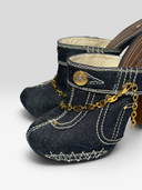 Gianmarco Lorenzi Vintage Blue Denim Chainlink Platform Clog Mules - Chainlink Hardware & Stitching Detail